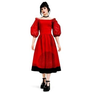 Vintage 1980s Cinnamon Red Op Art Puff Sleeve Off Shoulder Midi Dress M